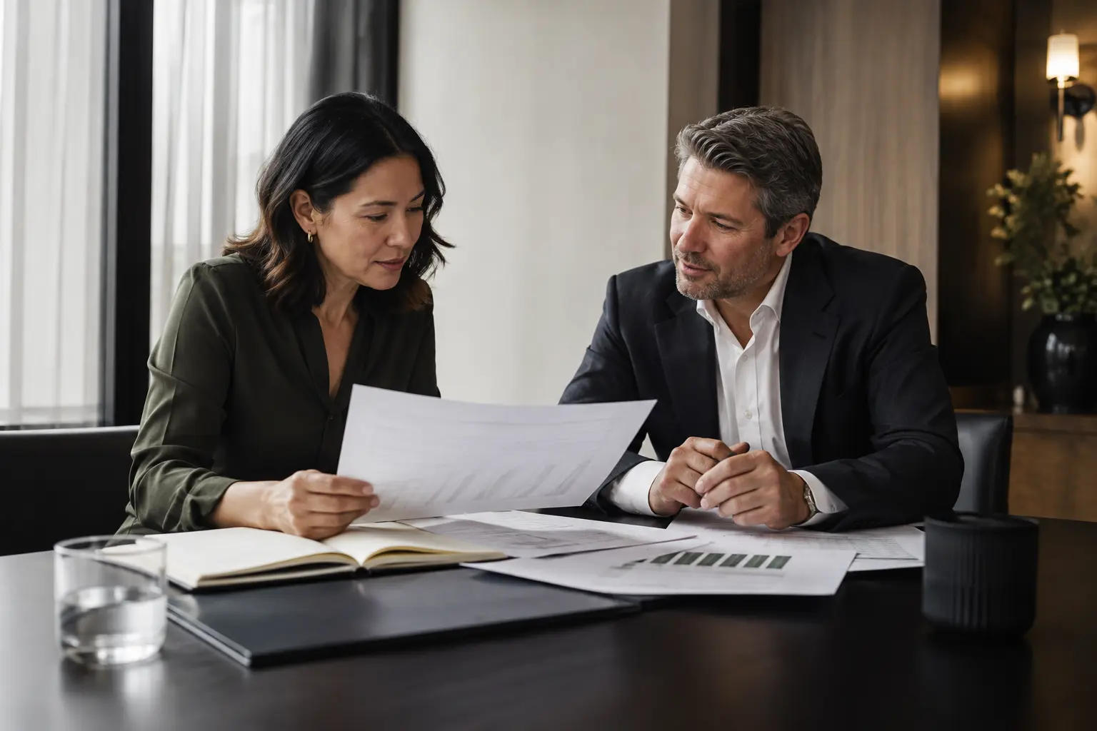 A director and adviser reviewing financial records and an urgent company tax position.