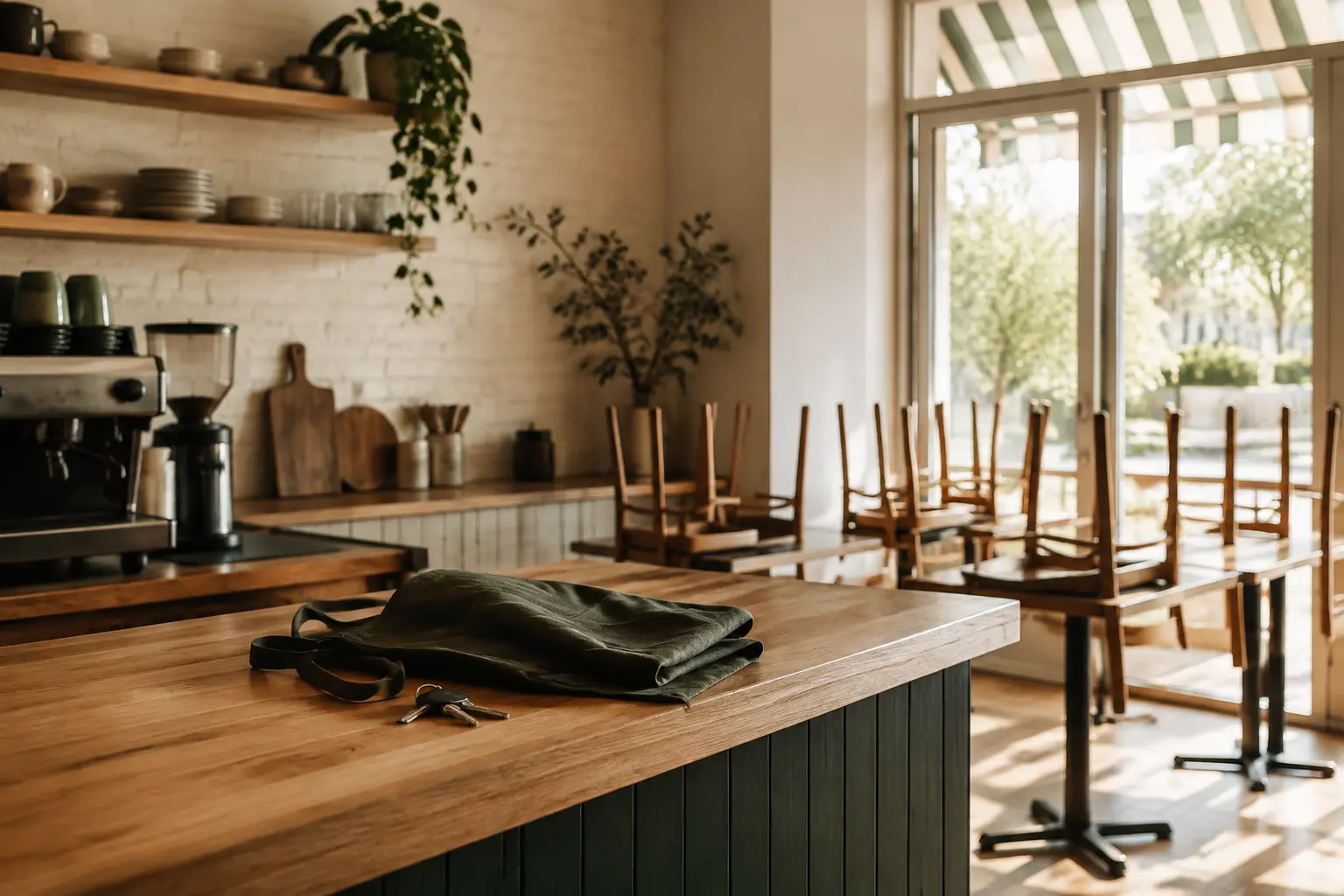 A closed café with chairs neatly placed and an apron and keys resting on the counter.