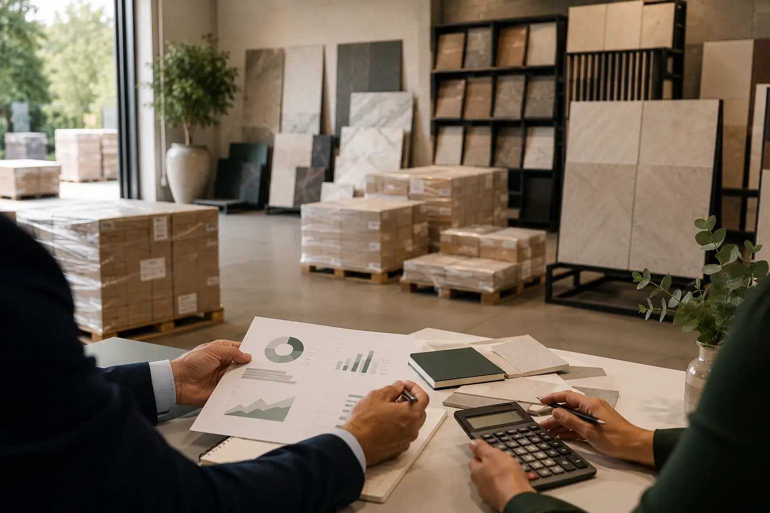 Advisers reviewing cash flow information in a tile wholesaling showroom and warehouse.