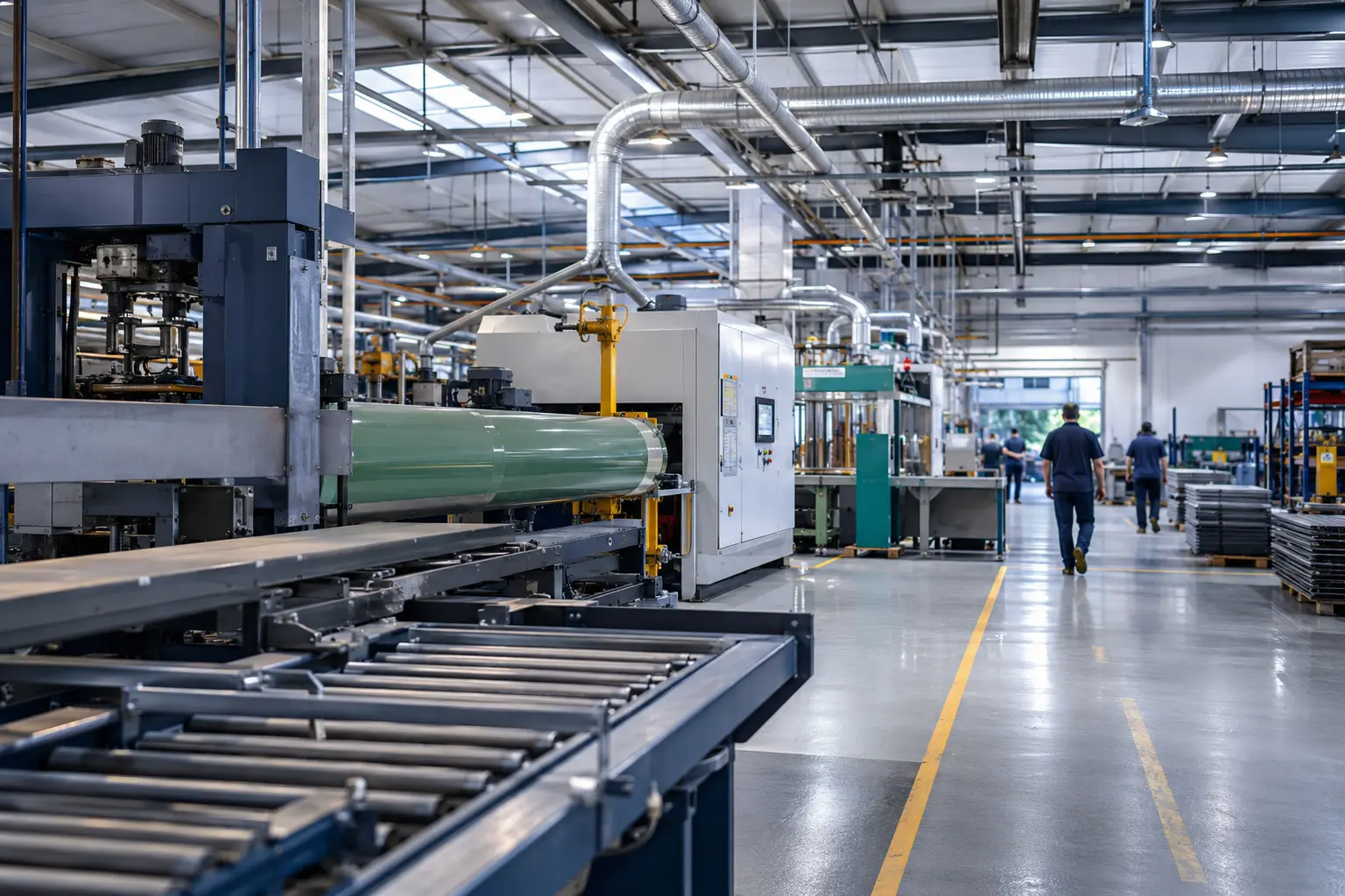 An operating manufacturing facility with an active production line and workers in the distance.